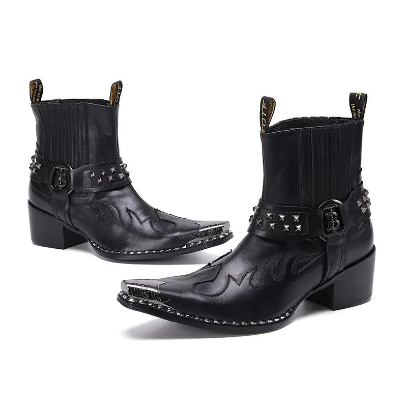 Punk Style Rivets Men Cowboy Short Boots Mid Heel