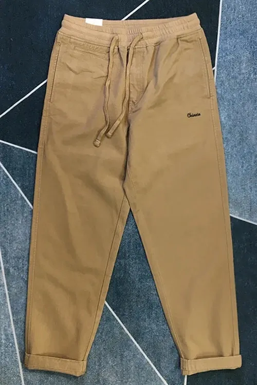Pure Cotton Washed Woven Cargo Tapered Pants - Men's Fashion Straight Casual Trousers with Elastic Waist
