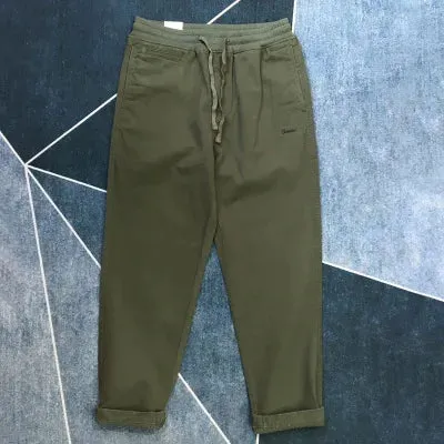 Pure Cotton Washed Woven Cargo Tapered Pants - Men's Fashion Straight Casual Trousers with Elastic Waist