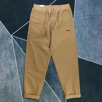 Pure Cotton Washed Woven Cargo Tapered Pants - Men's Fashion Straight Casual Trousers with Elastic Waist