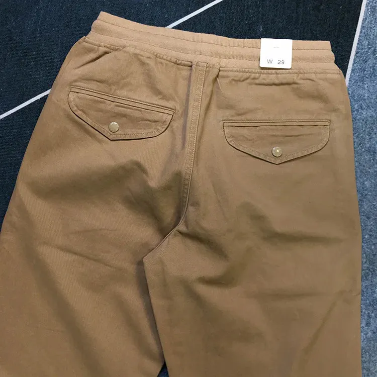 Pure Cotton Washed Woven Cargo Tapered Pants - Men's Fashion Straight Casual Trousers with Elastic Waist