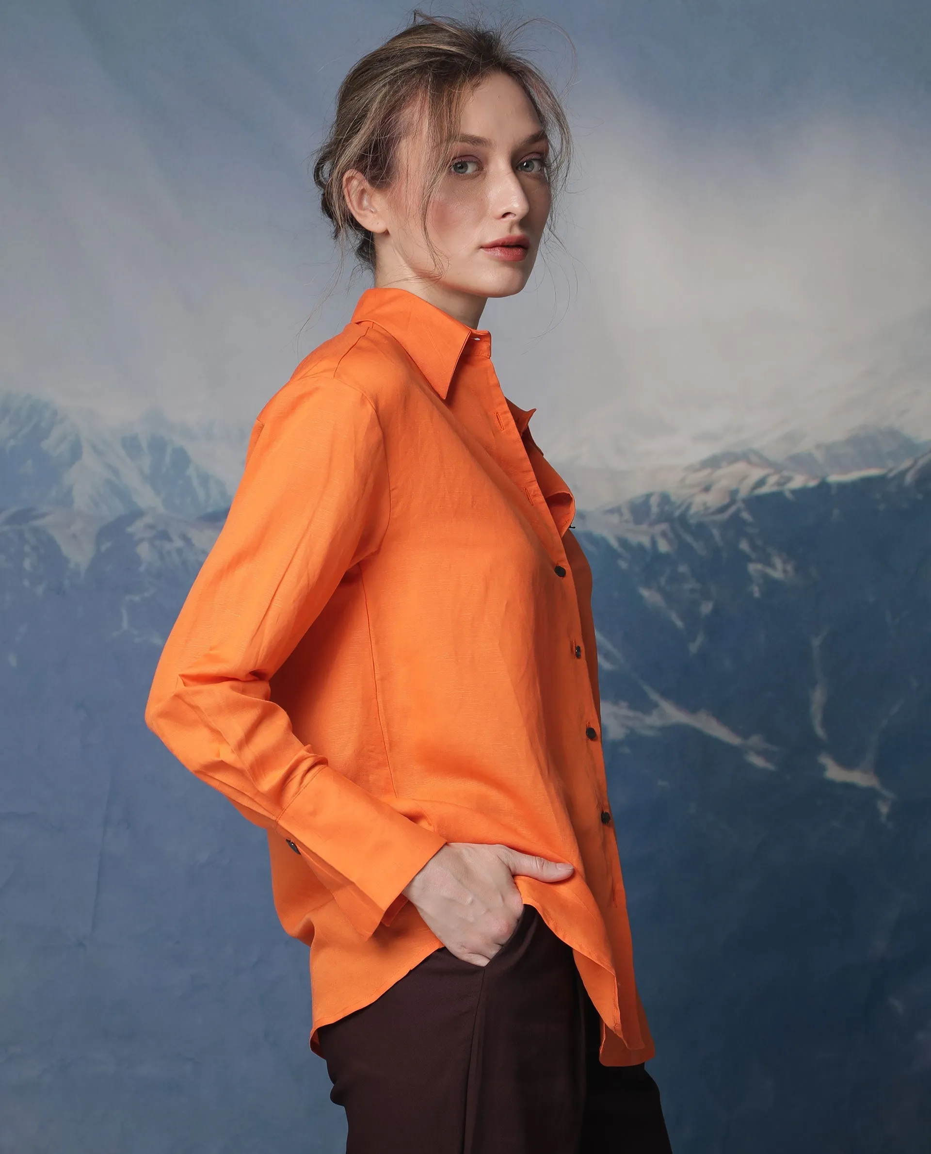 Rareism Women Harper Orange Modal Fabric Full Sleeves Button Closure Shirt Collar Regular Fit Plain Top