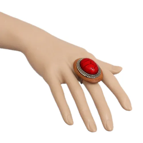 Red Wooden Crackle Oversized Adjustable Ring