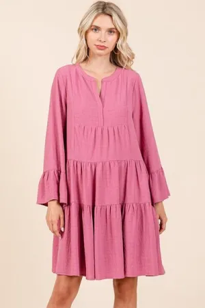 Rose Color Tiered Notched Flare Sleeve Dress