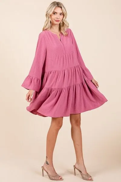 Rose Color Tiered Notched Flare Sleeve Dress