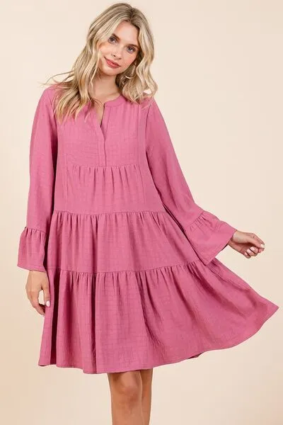 Rose Color Tiered Notched Flare Sleeve Dress
