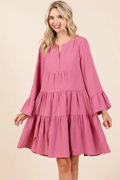 Rose Color Tiered Notched Flare Sleeve Dress