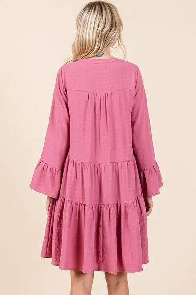 Rose Color Tiered Notched Flare Sleeve Dress