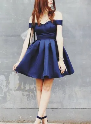 Royal Blue Off Shoulder Short Sleeve Stain Short Homecoming Dresses