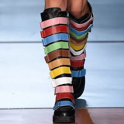 Runway Star Fashion Women Flast Leather Woman Boots Rainbow Color Women Knee-High Boots Long Booties Belt Buckle Embellished