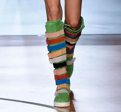 Runway Star Fashion Women Flast Leather Woman Boots Rainbow Color Women Knee-High Boots Long Booties Belt Buckle Embellished