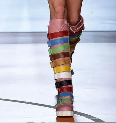 Runway Star Fashion Women Flast Leather Woman Boots Rainbow Color Women Knee-High Boots Long Booties Belt Buckle Embellished