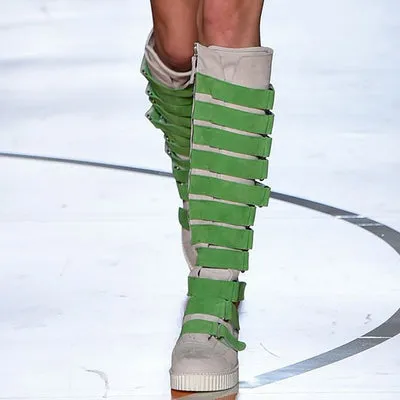 Runway Star Fashion Women Flast Leather Woman Boots Rainbow Color Women Knee-High Boots Long Booties Belt Buckle Embellished