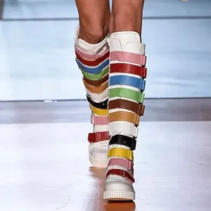 Runway Star Fashion Women Flast Leather Woman Boots Rainbow Color Women Knee-High Boots Long Booties Belt Buckle Embellished