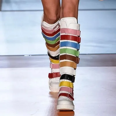 Runway Star Fashion Women Flast Leather Woman Boots Rainbow Color Women Knee-High Boots Long Booties Belt Buckle Embellished