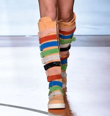 Runway Star Fashion Women Flast Leather Woman Boots Rainbow Color Women Knee-High Boots Long Booties Belt Buckle Embellished