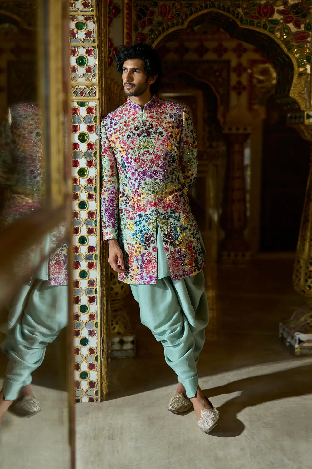 Sage Green Multi- Coloured Three-Dimenisonal Sherwani Set