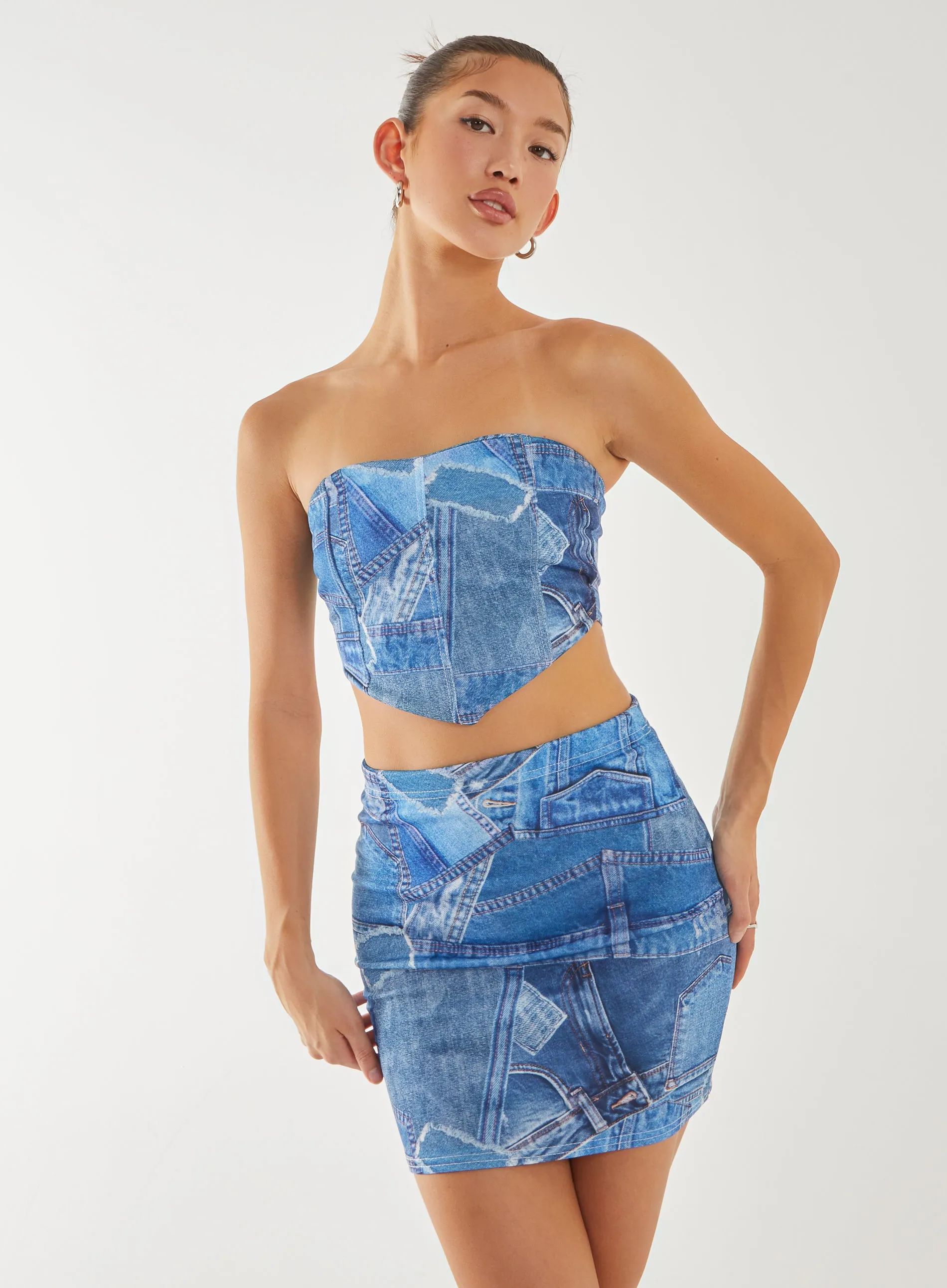 Seam Detail Denim Print Top