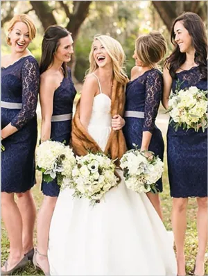 Sheath Lace One Shoulder Bridesmaid Dresses,Long Sleeves Short Bridesmaid Dresses