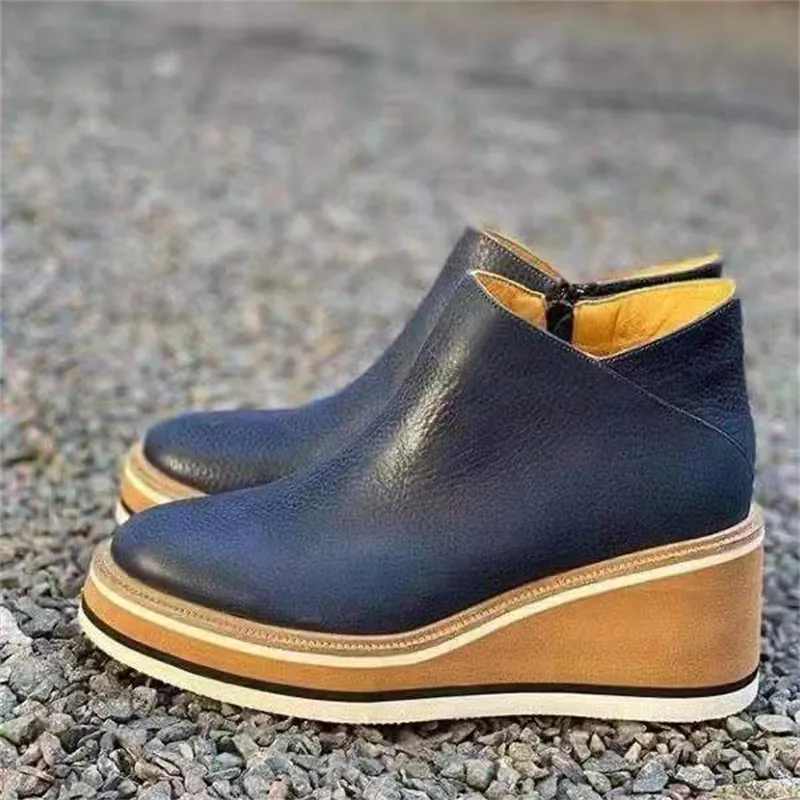 Simple Side Zipper Casual Fashion Wedge Heel Grain Leather Ankle Boots
