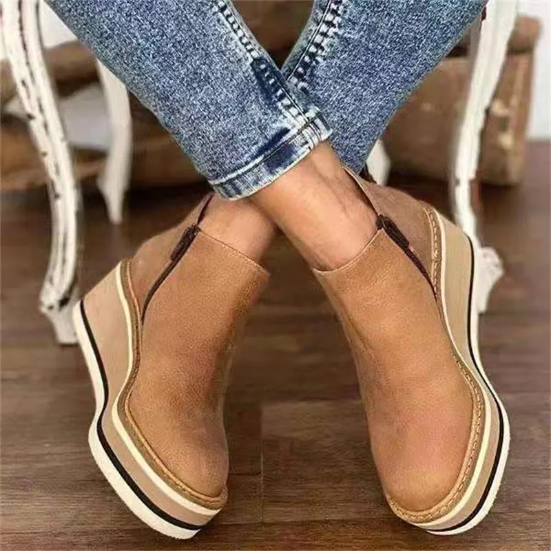 Simple Side Zipper Casual Fashion Wedge Heel Grain Leather Ankle Boots