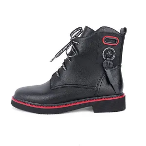 Spring Ankle Boots Red Black Cow Leather Comfortable Casual Shoes Woman High Quality Zipper Round Toe Boots