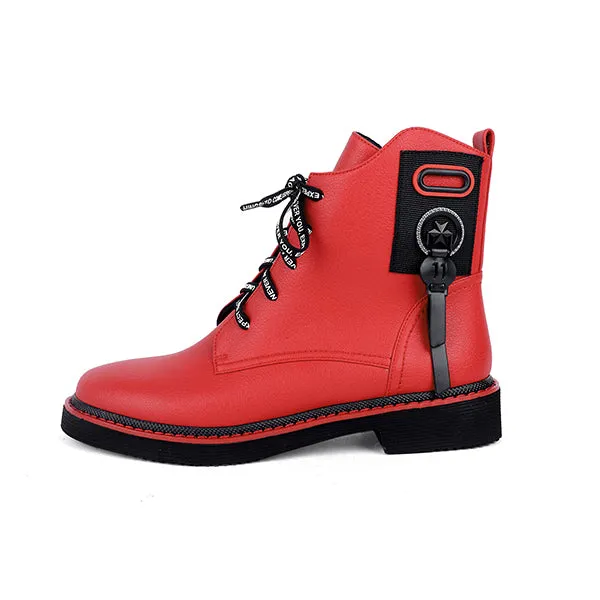 Spring Ankle Boots Red Black Cow Leather Comfortable Casual Shoes Woman High Quality Zipper Round Toe Boots