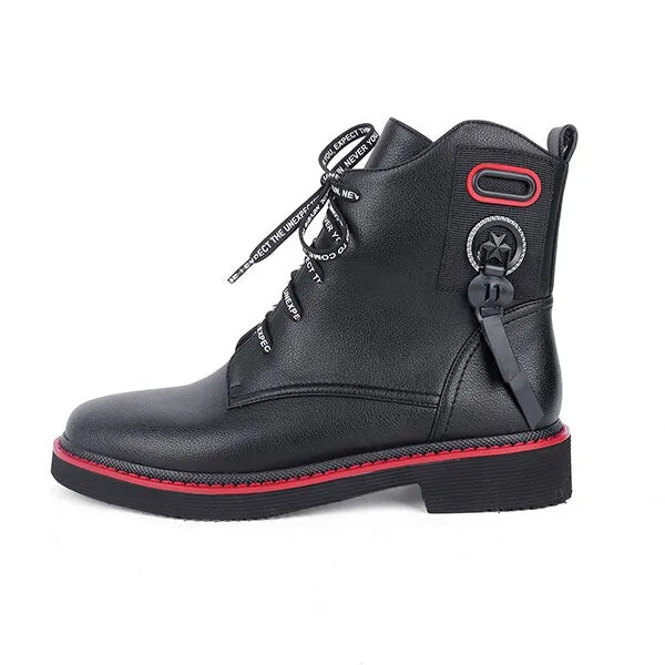 Spring Ankle Boots Red Black Cow Leather Comfortable Casual Shoes Woman High Quality Zipper Round Toe Boots