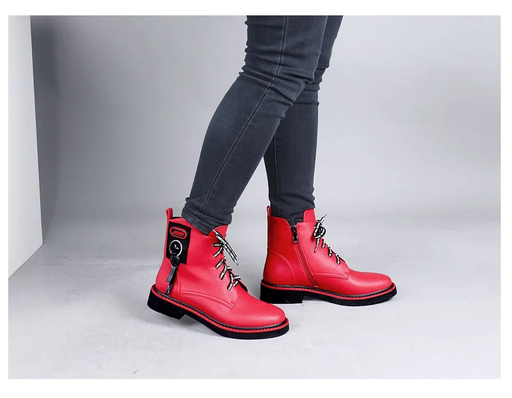 Spring Ankle Boots Red Black Cow Leather Comfortable Casual Shoes Woman High Quality Zipper Round Toe Boots