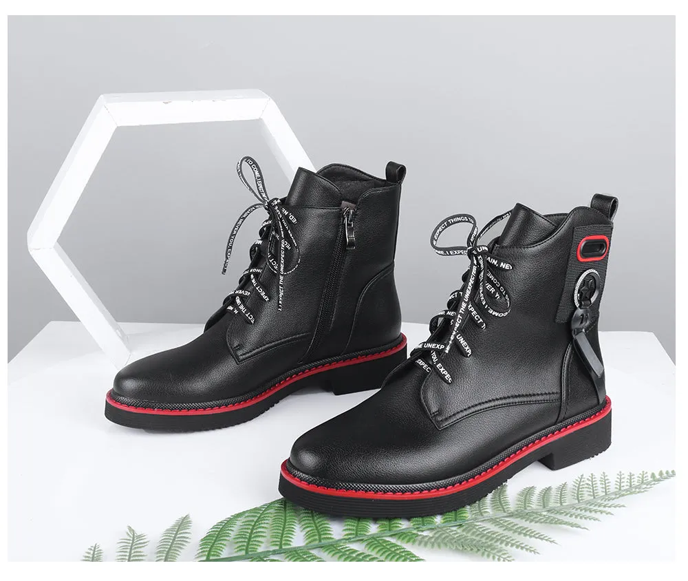 Spring Ankle Boots Red Black Cow Leather Comfortable Casual Shoes Woman High Quality Zipper Round Toe Boots