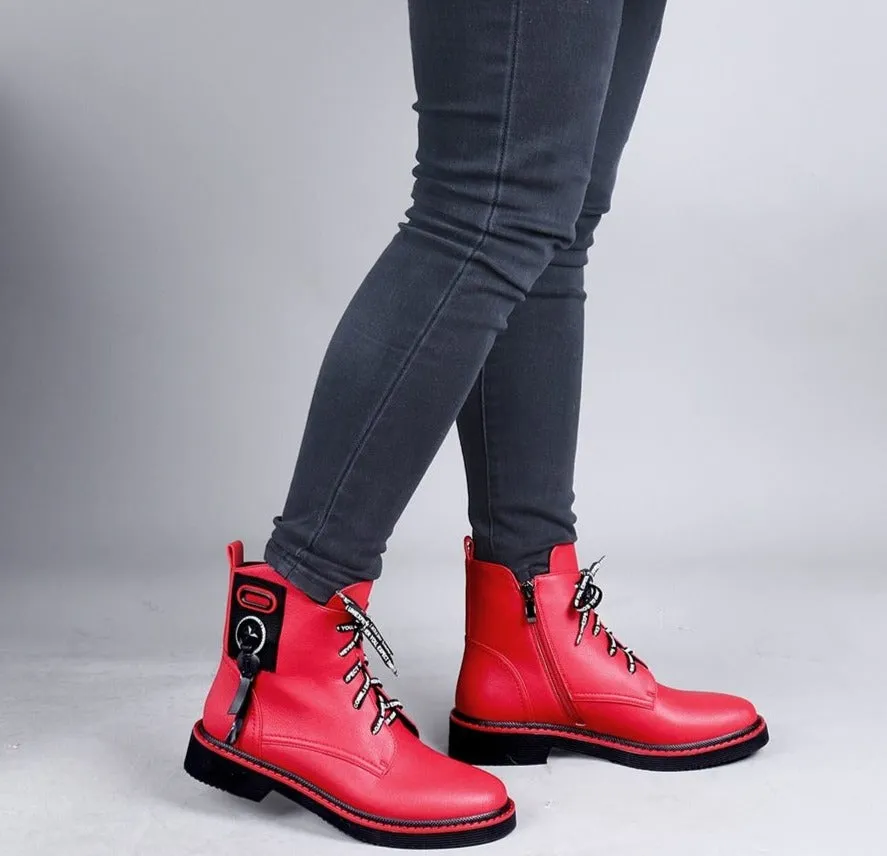 Spring Ankle Boots Red Black Cow Leather Comfortable Casual Shoes Woman High Quality Zipper Round Toe Boots