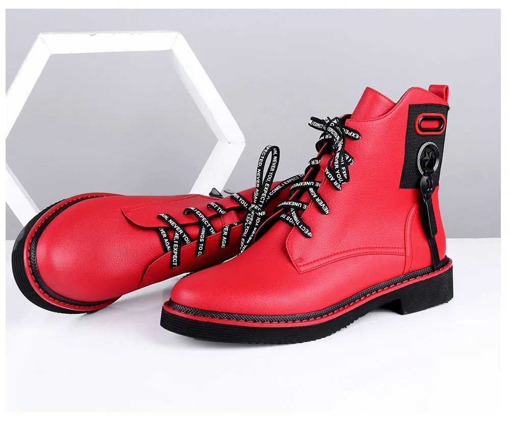 Spring Ankle Boots Red Black Cow Leather Comfortable Casual Shoes Woman High Quality Zipper Round Toe Boots