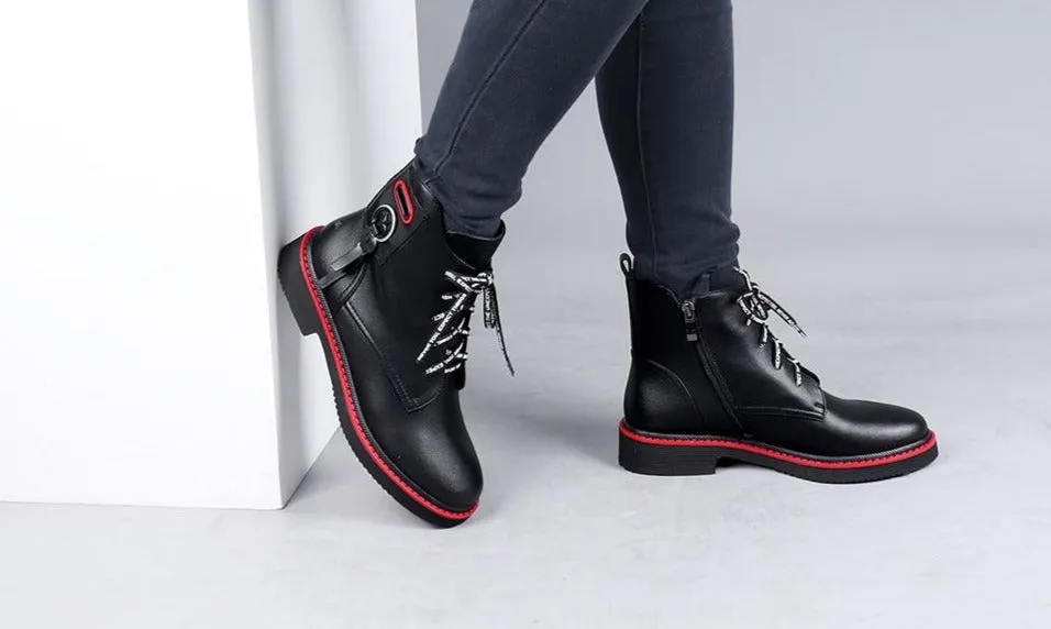 Spring Ankle Boots Red Black Cow Leather Comfortable Casual Shoes Woman High Quality Zipper Round Toe Boots
