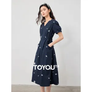 Summer V-Neck Embroidered Cotton Mid-Calf Dress