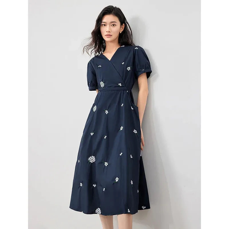 Summer V-Neck Embroidered Cotton Mid-Calf Dress