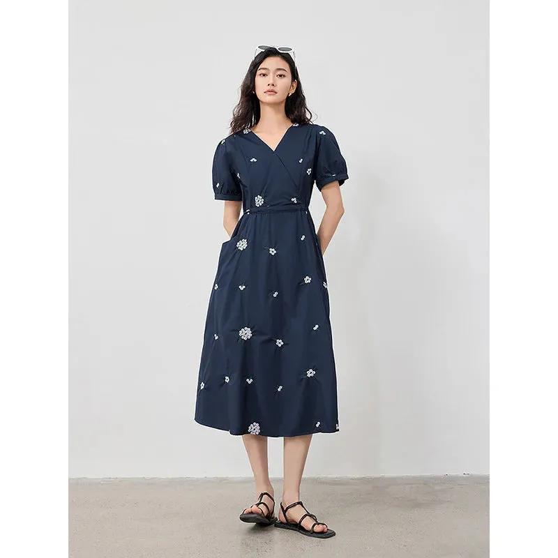 Summer V-Neck Embroidered Cotton Mid-Calf Dress