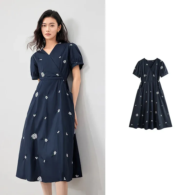 Summer V-Neck Embroidered Cotton Mid-Calf Dress