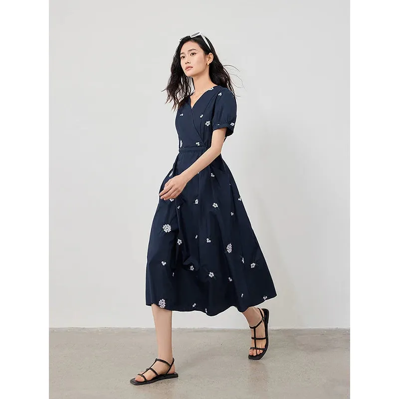 Summer V-Neck Embroidered Cotton Mid-Calf Dress