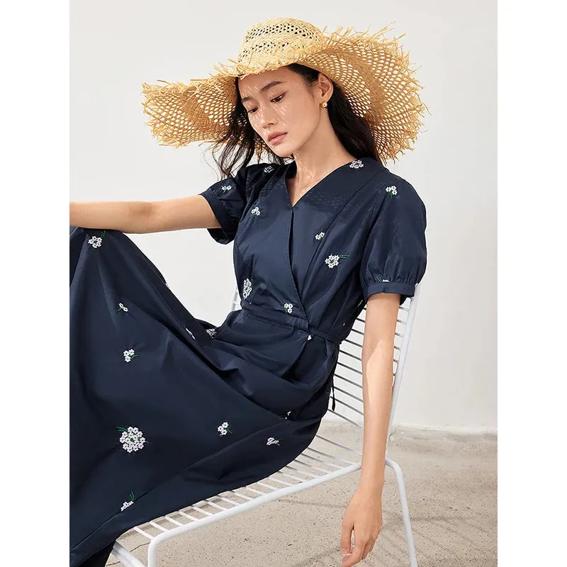 Summer V-Neck Embroidered Cotton Mid-Calf Dress