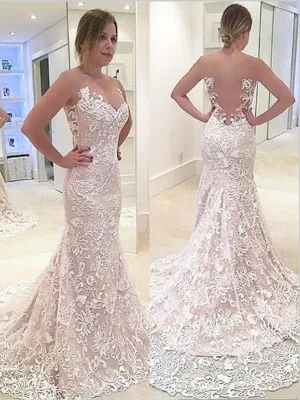 Sweetheart Mermaid Lace Backless Wedding Dresses Brush Train Dress