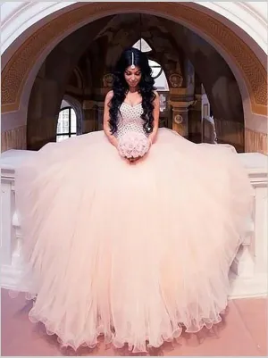 Sweetheart Tulle Sleeveless Beading Wedding Dresses Brush Train Ball Gown