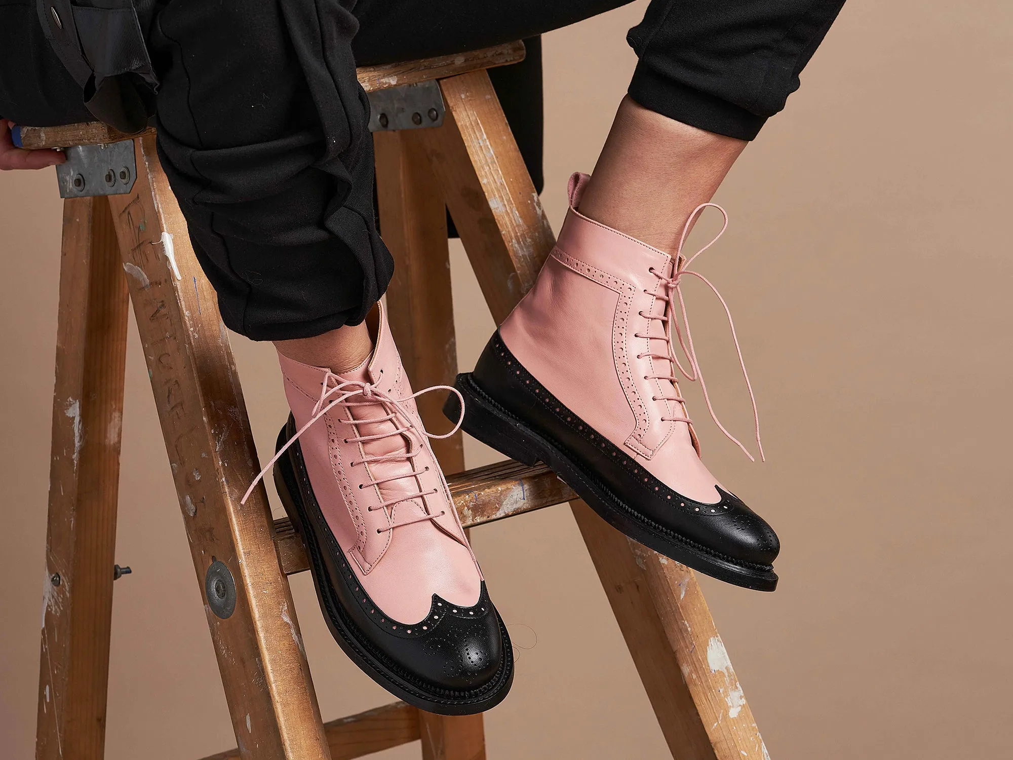 TILDA - Pink and Black Long Wing Derby Boot