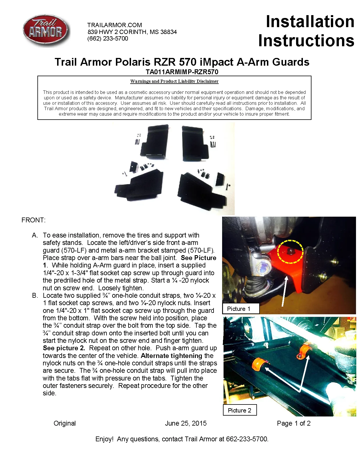 Trail Armor Polaris RZR 570 iMpact A-arm Guards 2012 - 2020