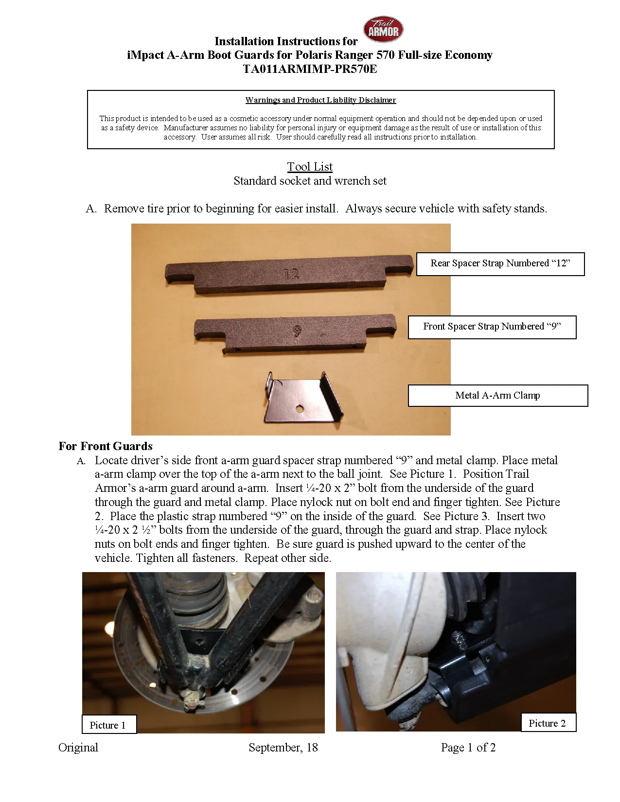 Trail Armor Ranger Full Size Economy 570 and Ranger Full Size Economy 570 Crew Impact A-Arm Guards (has STRUTS)