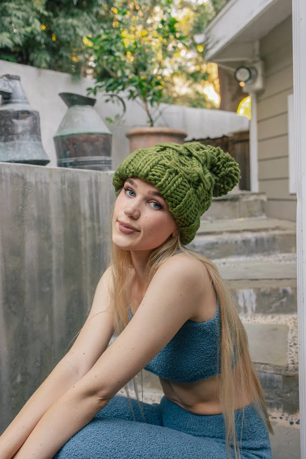 Trendy Textured Chunky Knit Pom Beanie