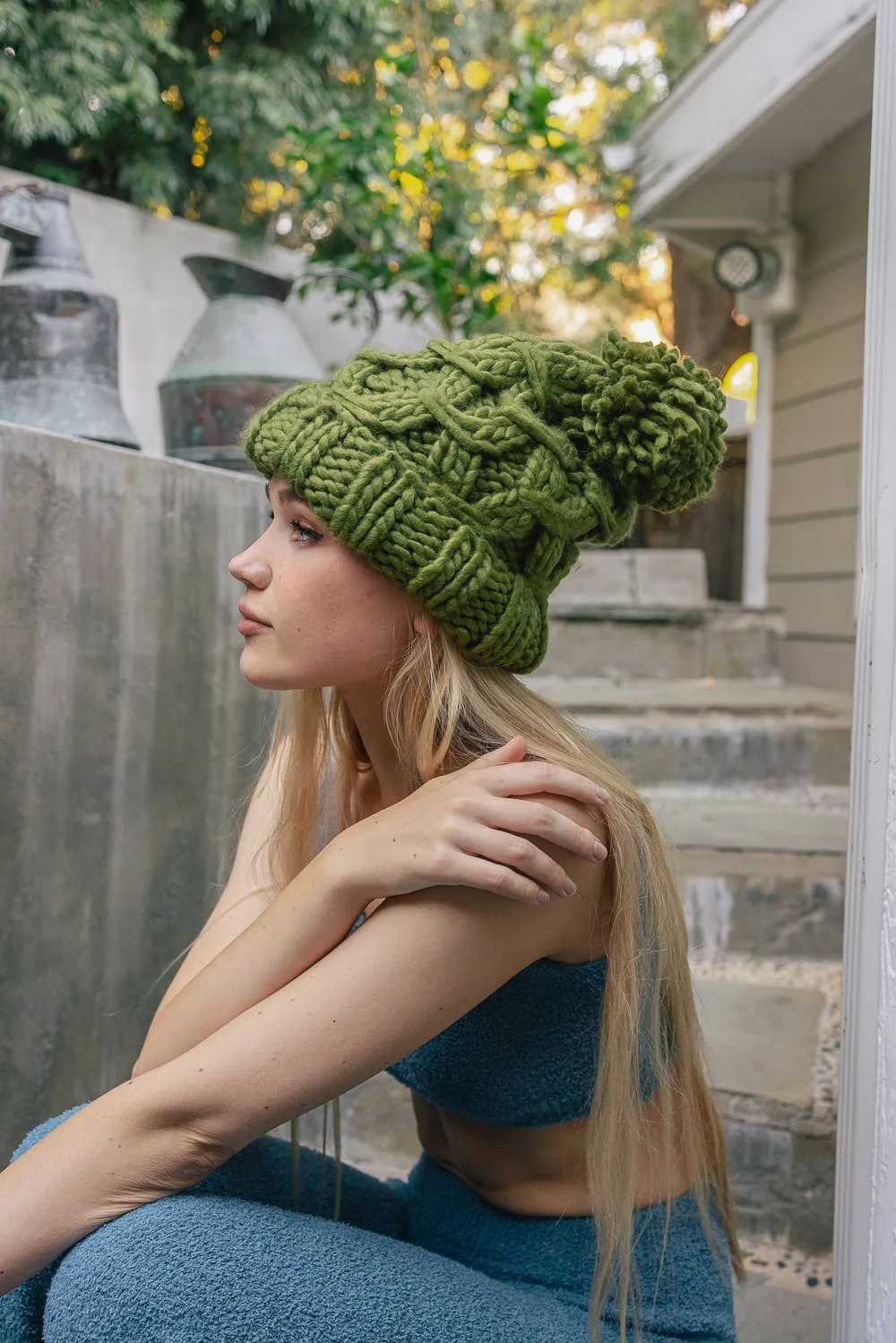 Trendy Textured Chunky Knit Pom Beanie