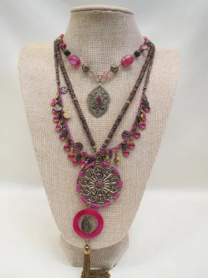 Treska | Pink & Brass Gold Layer Necklace Long