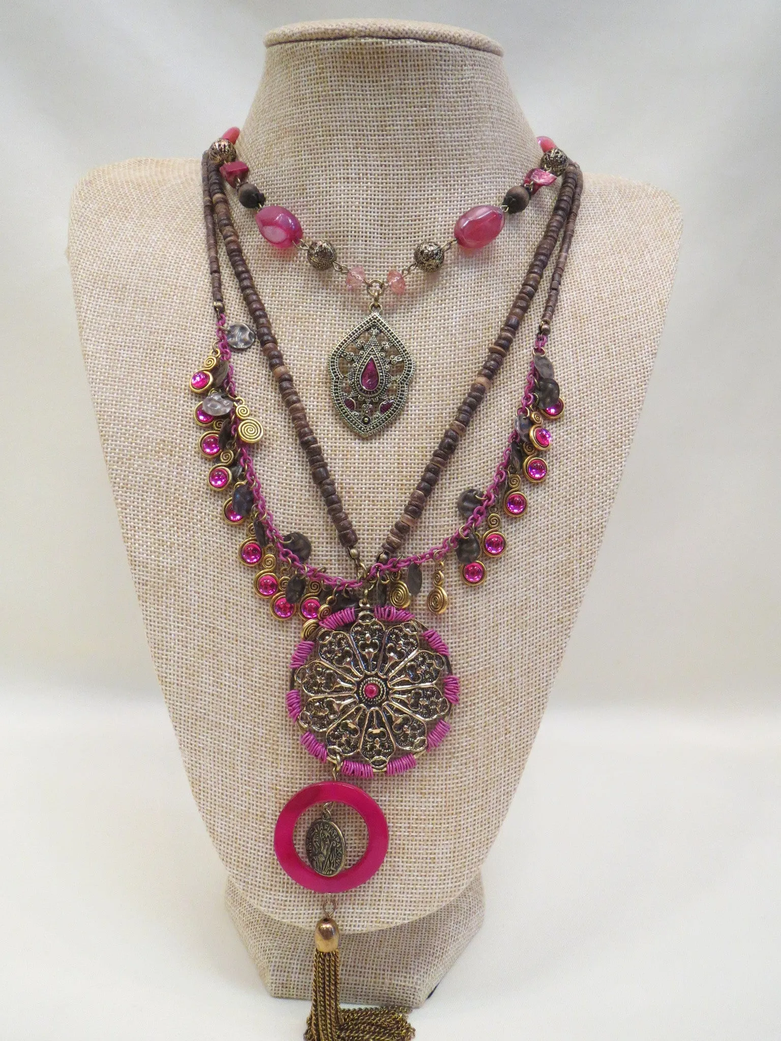 Treska | Pink & Brass Gold Layer Necklace Long