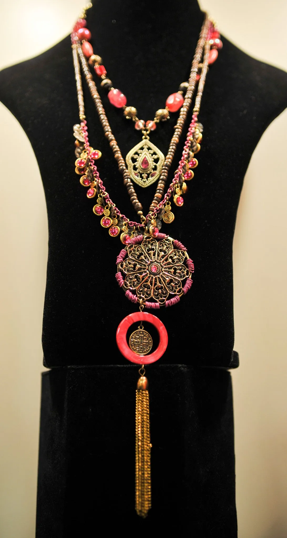 Treska | Pink & Brass Gold Layer Necklace Long