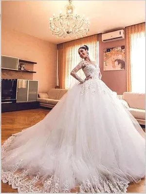 Tulle Long Sleeves V-neck Court Train Wedding Dresses Ball Gown